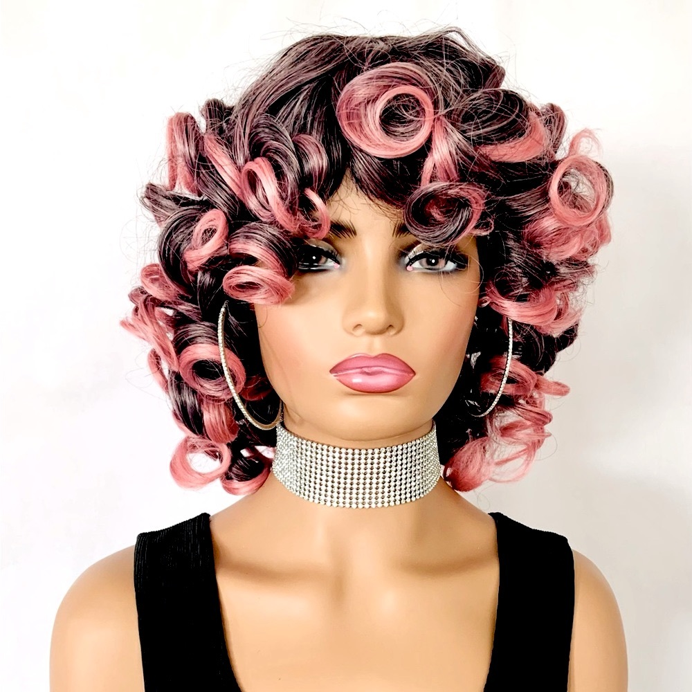 Gorgeous 12” Black & Pink Curly Premium Fiber Wig for Daily Wear/Costumes/Events